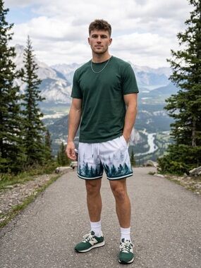 Kinetic Kings Men's Forest Print Athletic Shorts - White/Green